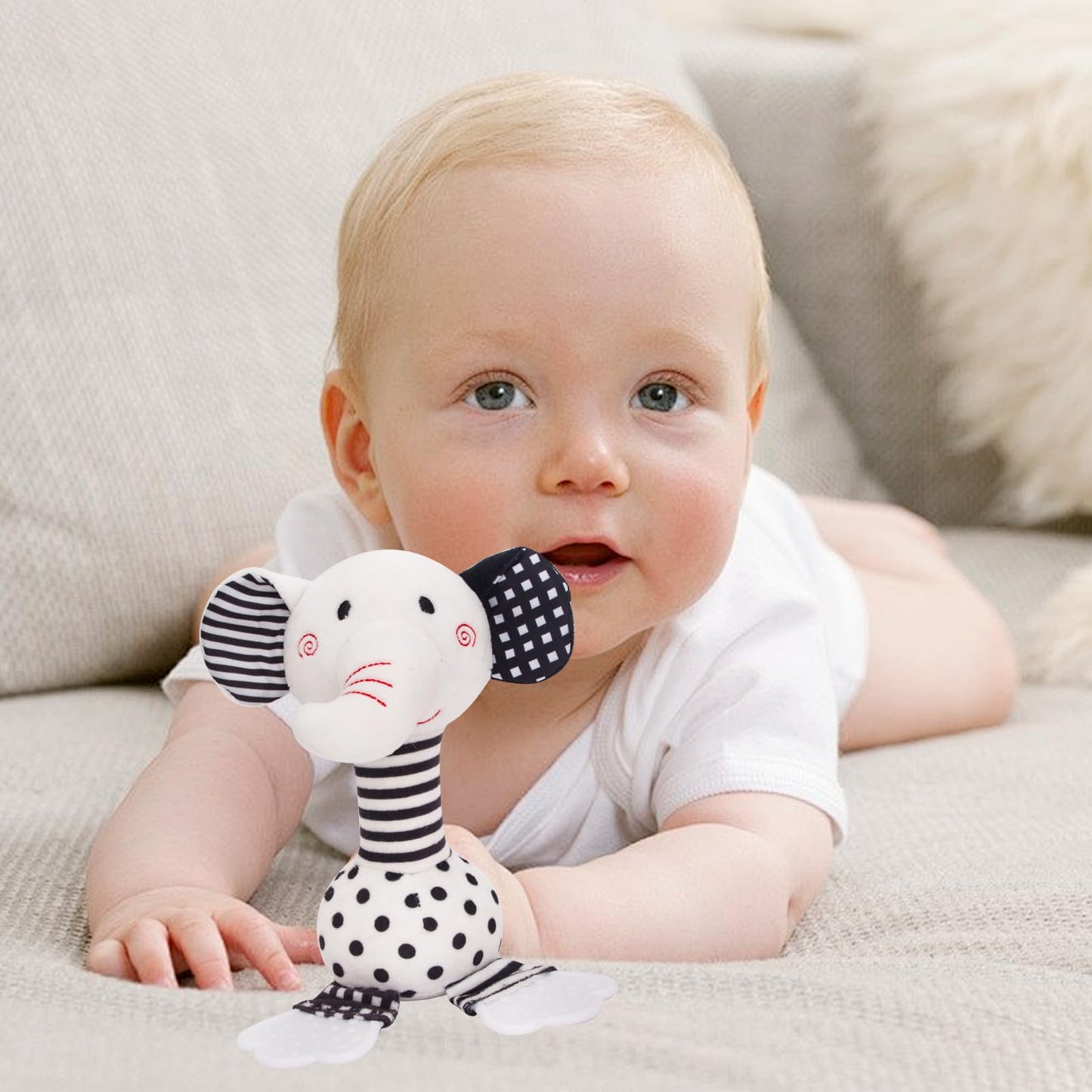 JINBOBUBU Black & White Elephant Baby Toys 0-12 Months - Plush Sensory Rattle with Teether, Wind Chime, BB Squeaker & Embroidery for Visual, Hearing & Cognitive Development