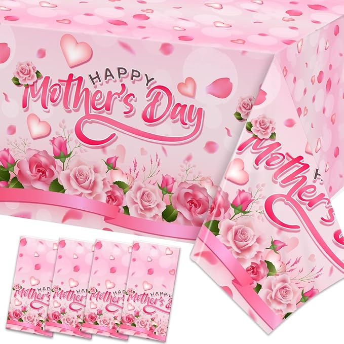 Happy Mothers Day Decorations Tablecloth 4 Pack Large Rectangle Pink Rose Mothers Day Table Covers for Mothers Day Outdoor Party Disposable Waterproof Plastic Tablecloth