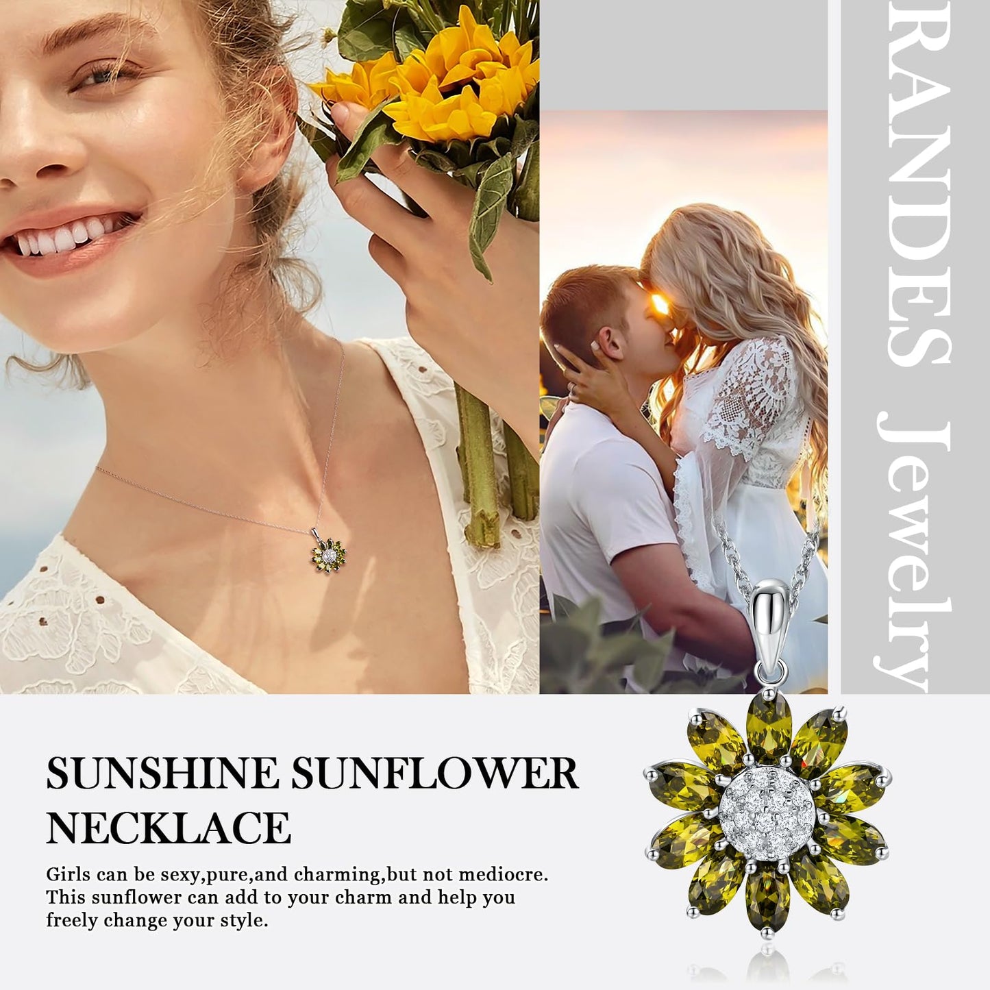 RANDES August Birthstone Necklace Peridot Sunflower Necklace 925 Sterling Silver Dainty Flower Stone Pendant Necklaces for Women