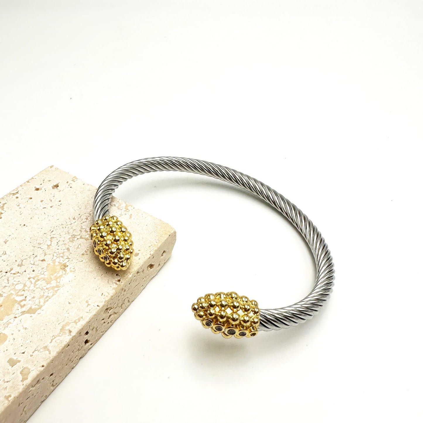 Gold Plated Cuff Crystal Bracelet, Stackable Bangles,Twisted Cable Wire Bangle Bracelets for Women, Stainless Steel Jewelry with Cubic Zirconia