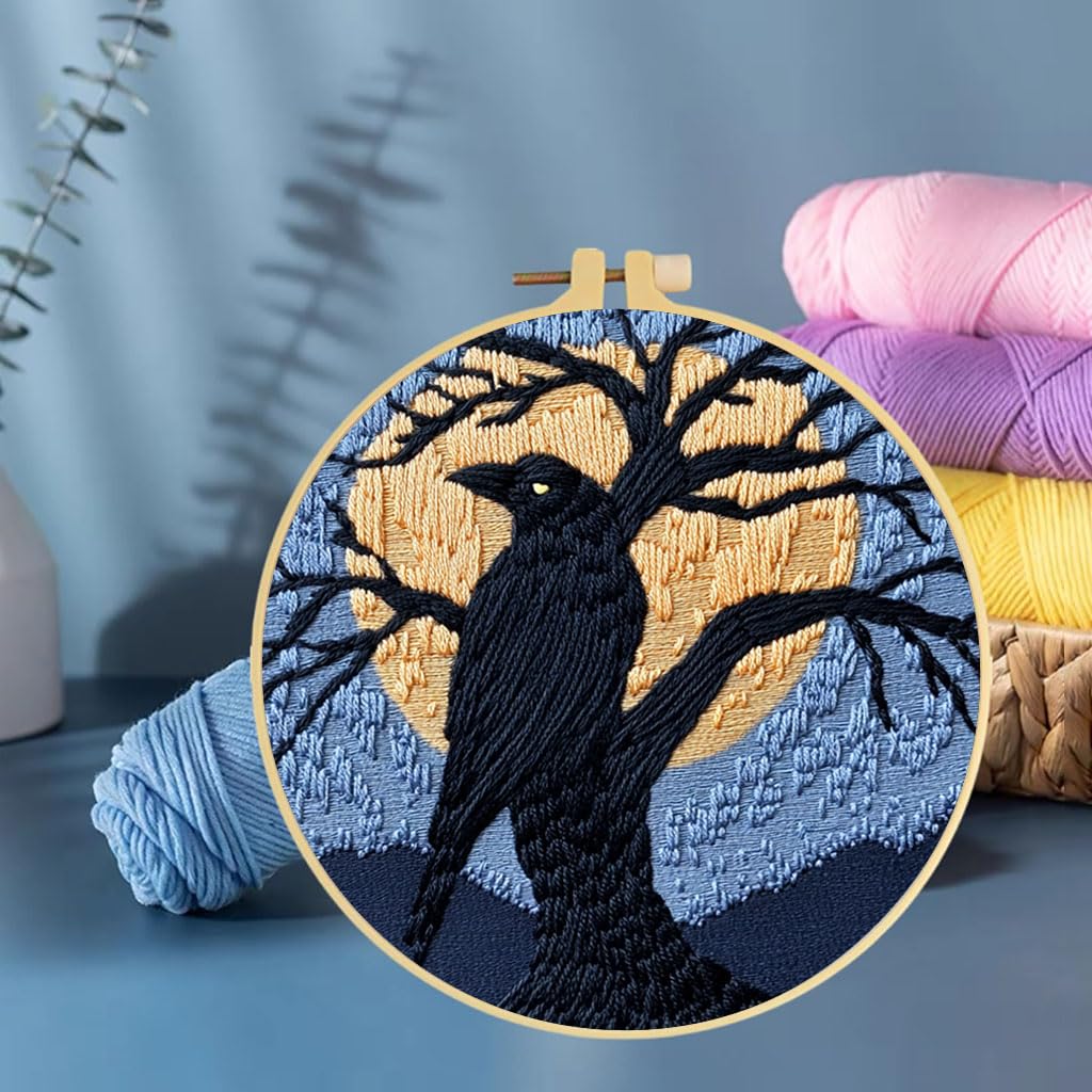 Punch Needle Kits Black Raven on Black Tree Under Moon DIY Embroidery Starter Set with Hoop Easy for Beginners Stress Relief Handmade Craft Hobby and Home Decor 20x20cm-3
