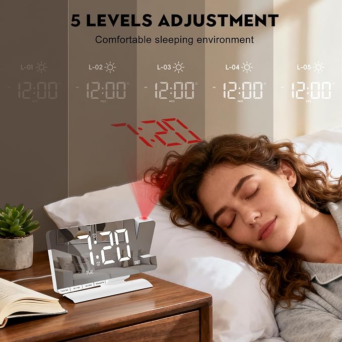 SZELAM Digital Clock,Alarm Clock Bedside with Projection,7.3" Mirror Clock with 180°Rotating Projector,Dual Alarm with 3 Mode,Brightnee Adjust,DST,Snooze,Charging Port,5 Levels Volume for Desk Teens