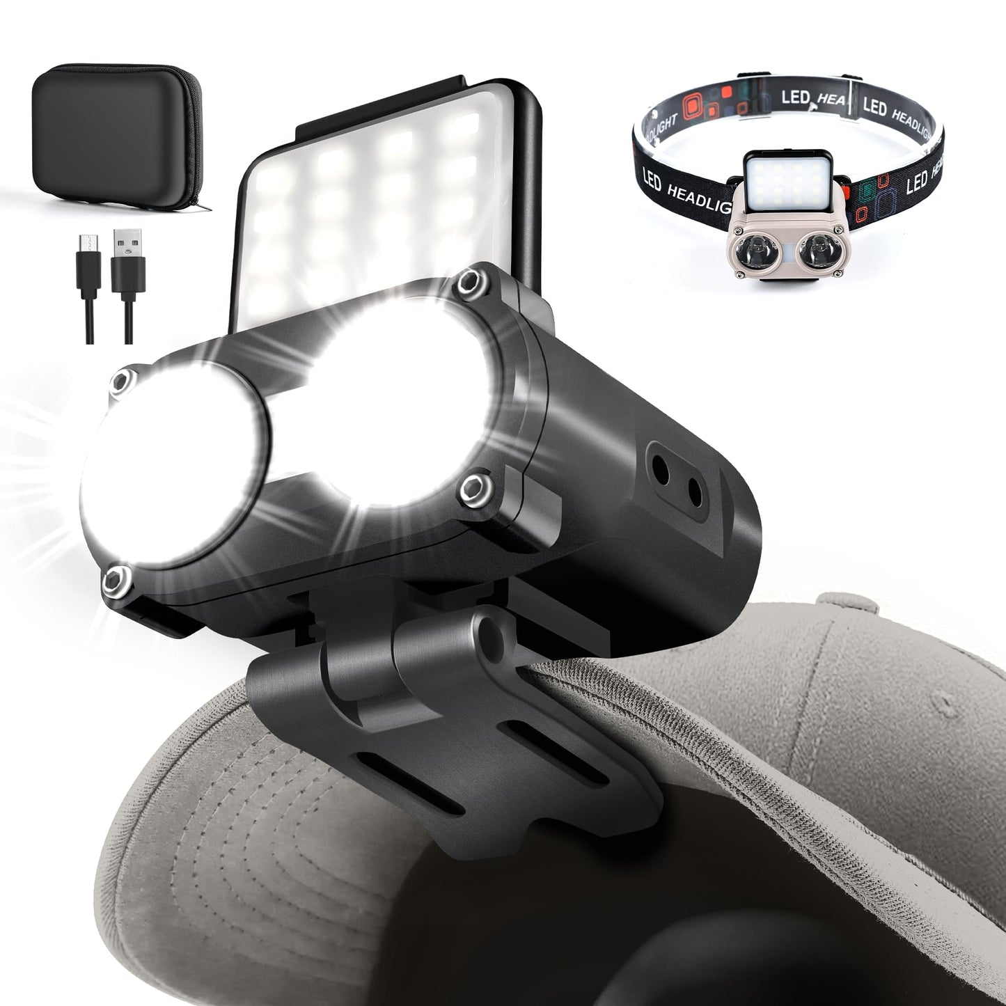 Hopedone LED Hard Hat Light, 800Lumens Rechargeable Dimmable Clip on Cap Lights, 180°Adjustable Hat Flashlight Headlamp Waterproof for Running, Camping, Hunting, Cycling (Black)