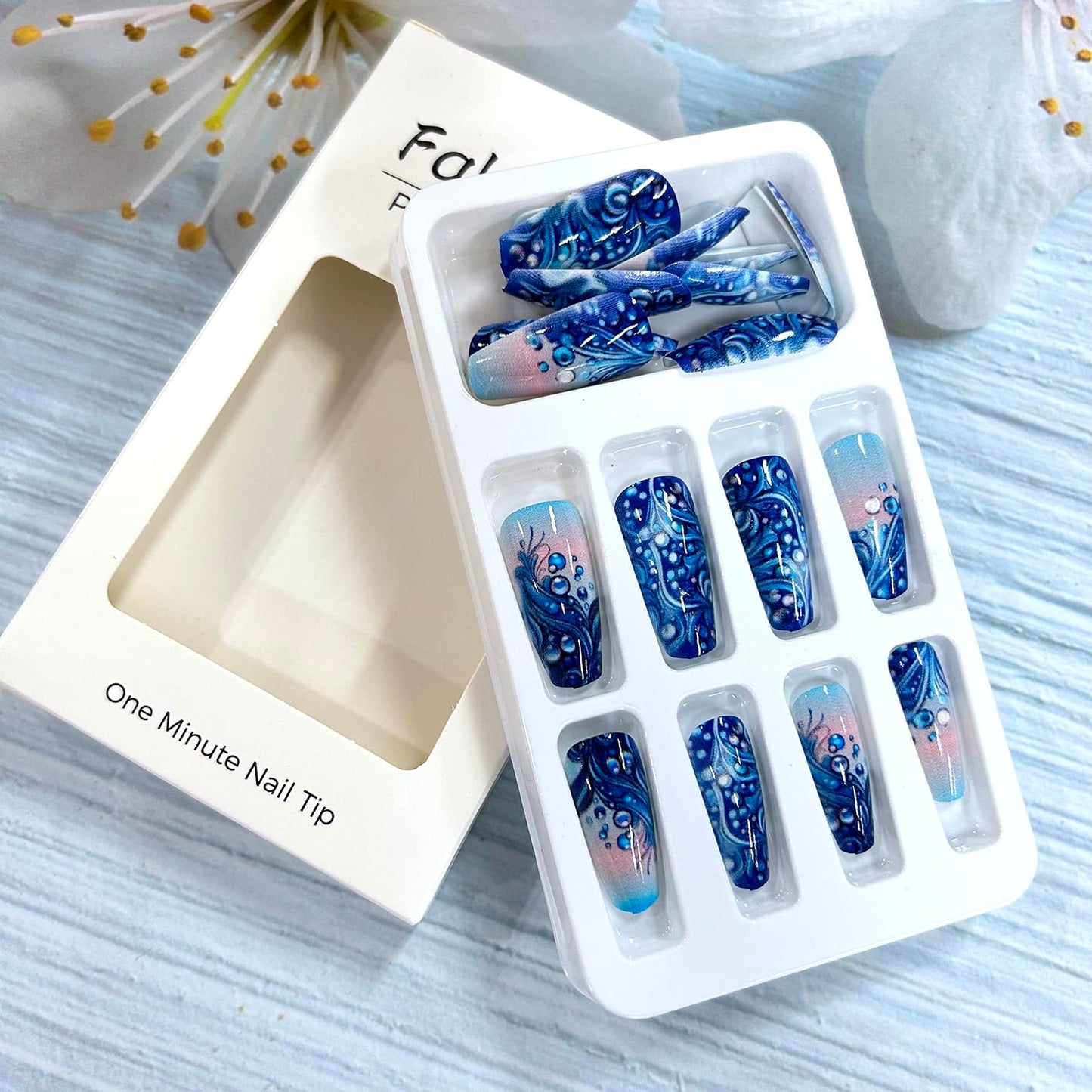 CJDLTS Blue Press on Nails Medium Ballet Shaped Blue Wave Pattern Design Gradient Acrylic Fake Nail Full Cover Glossy Artificial Stick on Nail Medium Press Ons Glue on Nails for Women 24Pcs