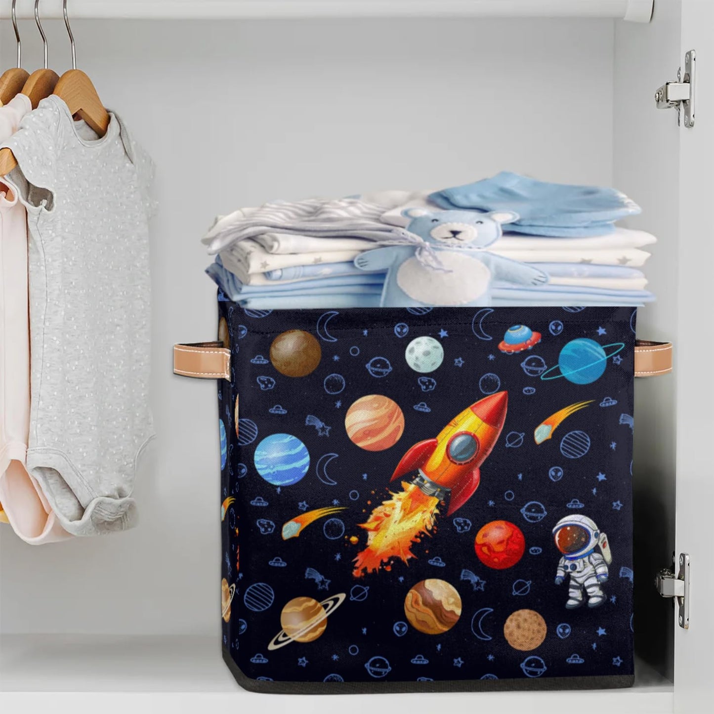 BENGRONGAE Cube Storage Bin, 13 Inch Rocket Astronaut Collapsible Storage Cubes with Handles, Space Planet Cube Storage Baskets for Nursery Toys Books Clothes