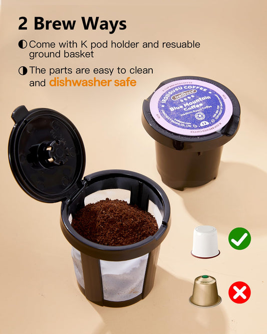 Tastyle Single Serve One Cup Coffee Maker, for K Cups and Grounds, Mini Coffee Maker with Portable Handle, 6 to 12 Oz Brew Size, for Travel, Camping, Office, RV and Dorm, 120V, Black and Gold