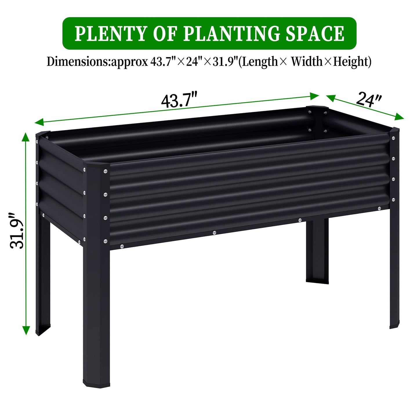 Chuangshuo Guard Galvanized Raised Garden Bed with Legs, 48×24×32in Large Metal Elevated Raised Planter Box with Drainage Holes for Backyard, Patio, Balcony, 400lb Capacity,Black