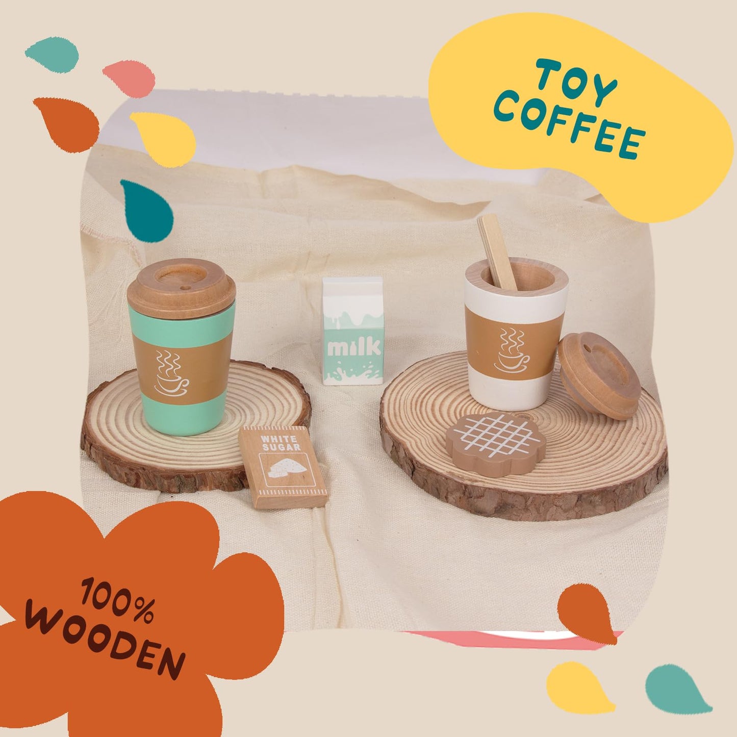WOODENFUN Pretend Play Coffee Cup Toys,Wooden Play Kitchen Accessories,Fake Food Play for Kids Kitchen,Educational Toy for Toddler Children Birthday Gift