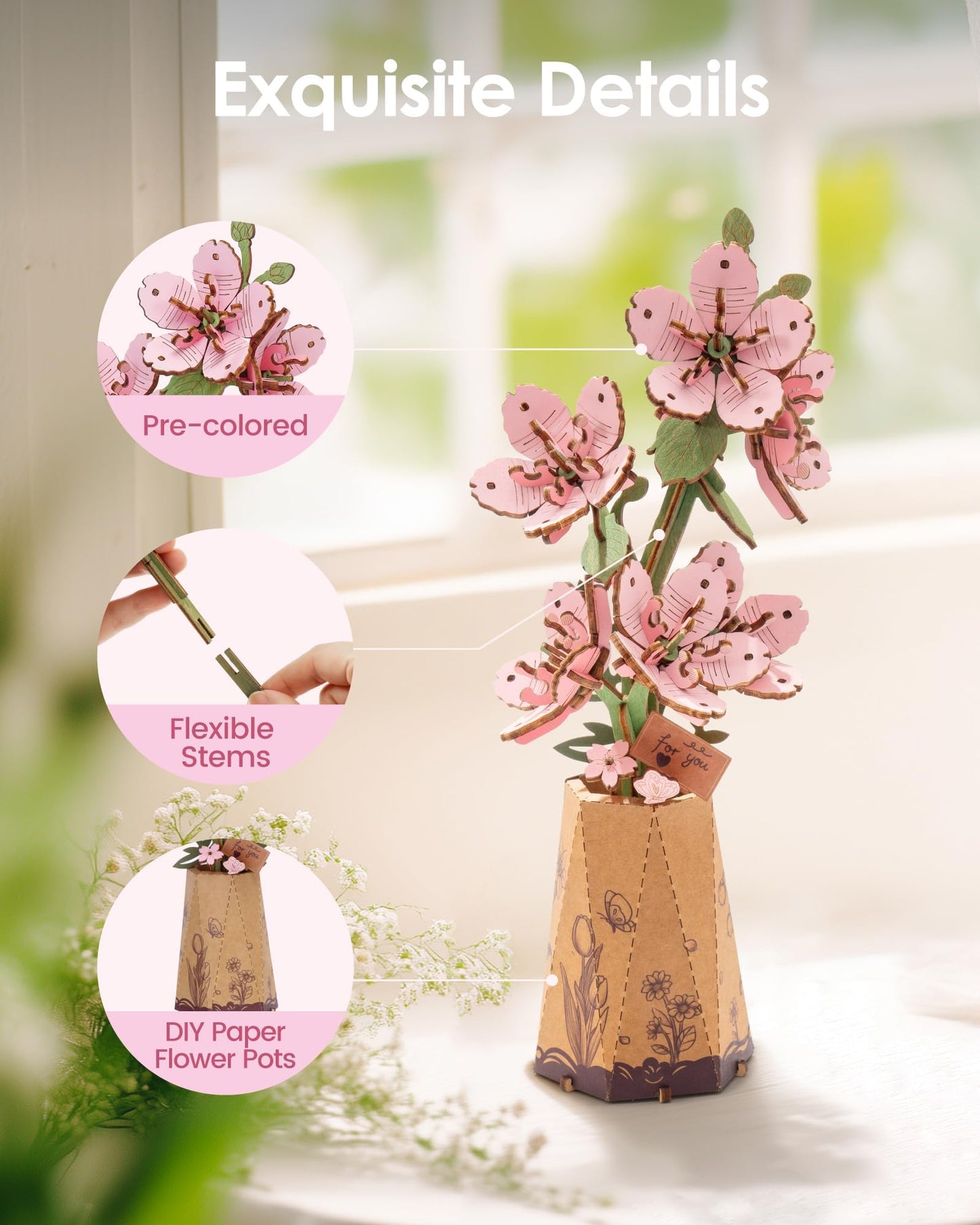 ROBOTIME 3D Puzzle Sakura TW101, DIY Wooden Flower Craft, Artificial Flowers Model Kit to Assemble for Adults, Home Decoration and Valentine's Day Toy Gift Set