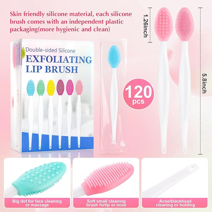 MINGOMINGO 120 Pack Lip Scrub Brush, 3-in-1 Double Sided Silicone Exfoliating Lip Brush for Dark Lips & Nose Care, 6 Colors Exfoliator & Massage & Blackhead Remover, Boxed & Individually Sealed