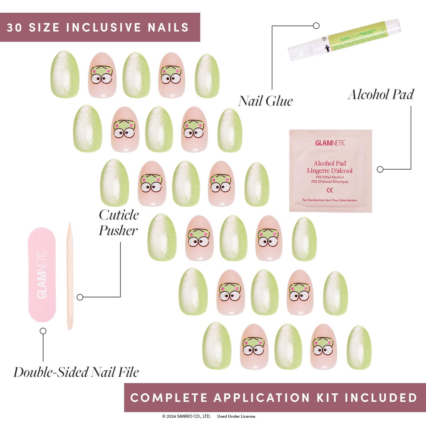 Glamnetic x Hello Kitty® and Friends Press On Nails - Keroppi™ | Short Oval Pastel Green Graphic Fake Nails in a Velvet Finish | 15 Sizes - 30 Nail Kit with Glue