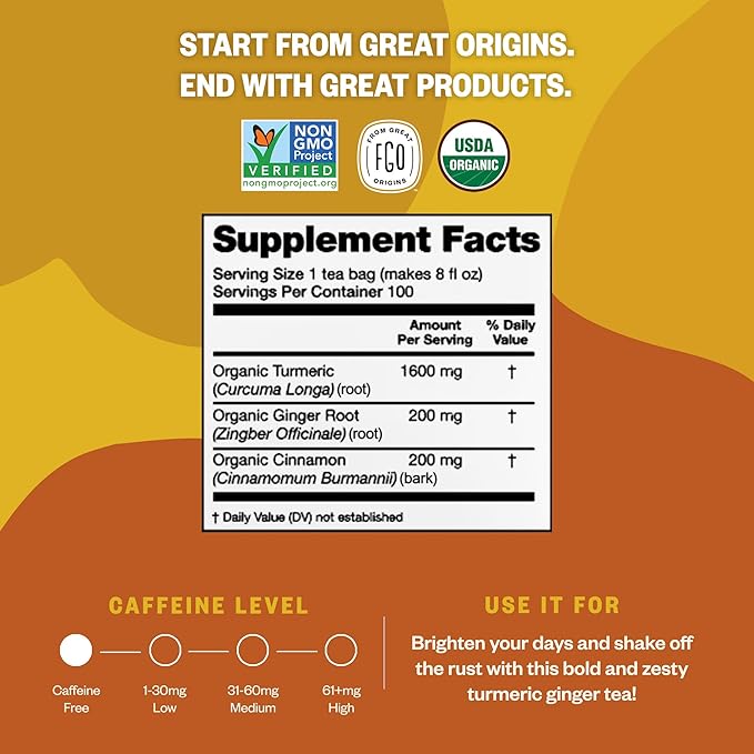 FGO Organic Turmeric Ginger Tea, Eco-Conscious Tea Bags, 100 Count, Packaging May Vary (Pack of 1)