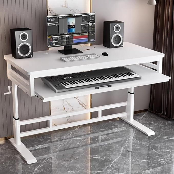 Studio Desk with Keyboard Tray | Hand-Crank Adjustable Standing Desk Workstation for Music Production, Cable Management, MIDI Keyboard Shelf (White, 62in)