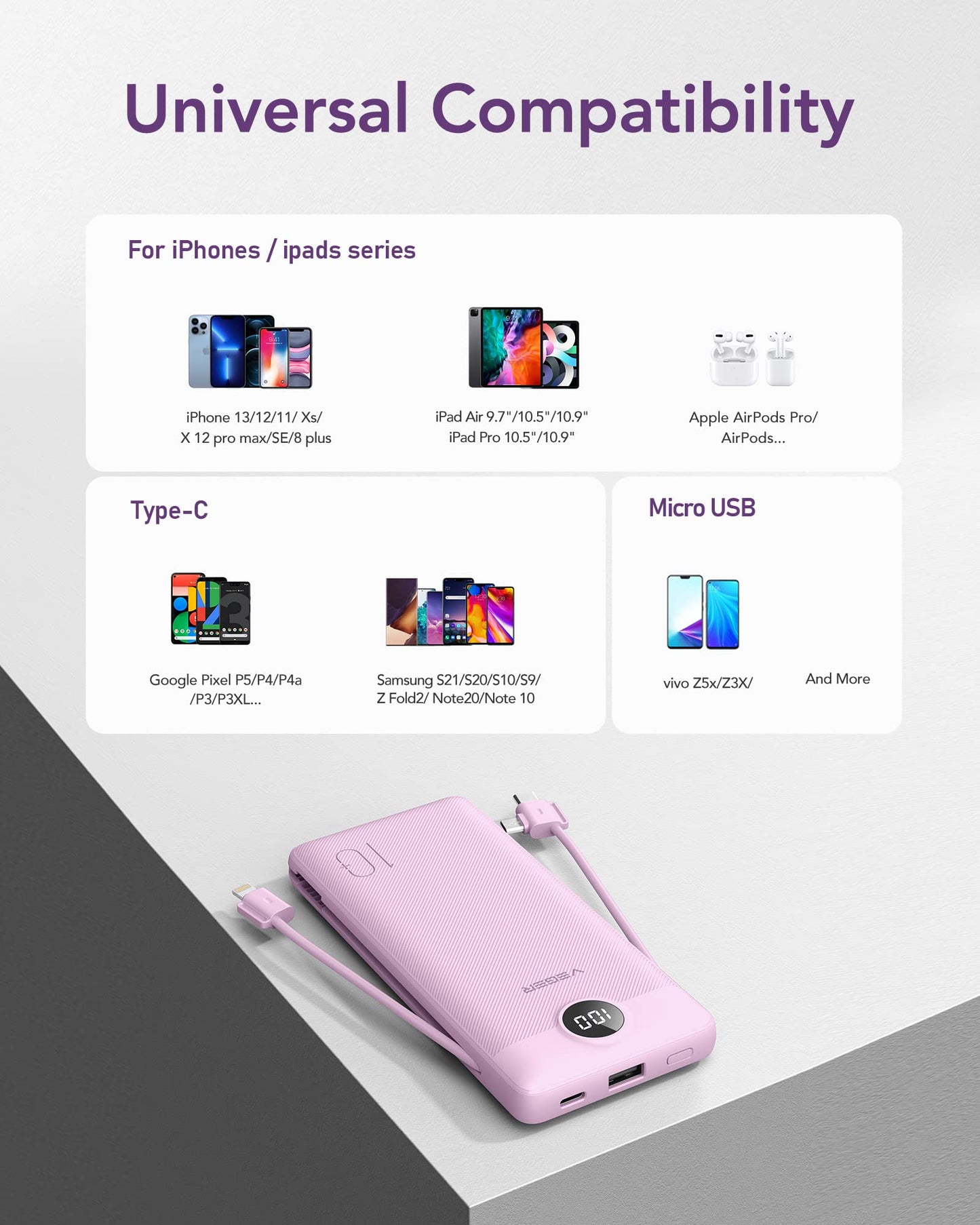 VEGER Portable Charger with Built-in AC Plug and Cables, All in One 10000mAh Ultra Slim Power Bank Travel Essentials, Fast Charging Battery Pack Compatible with iPhone, Samsung, Android (Purple)