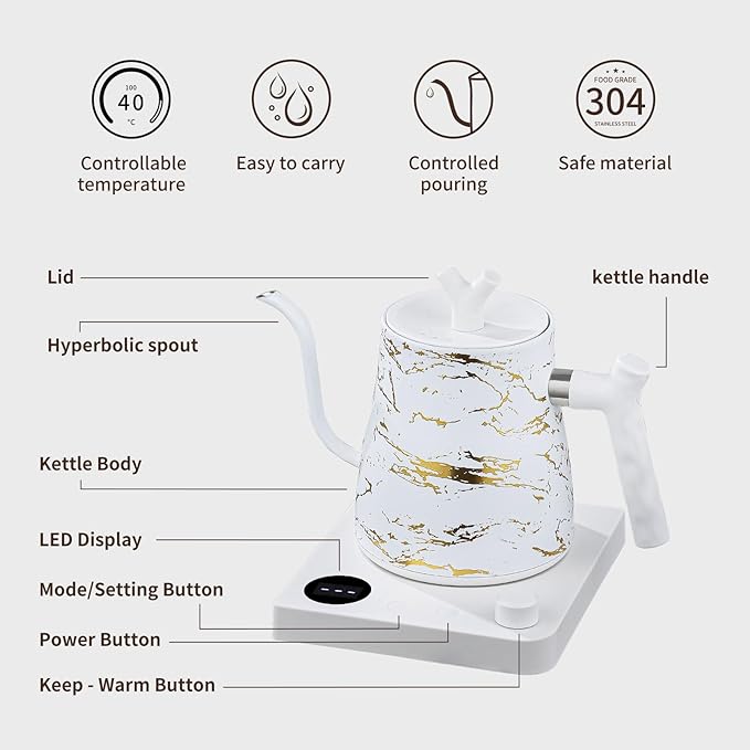 Water Kettle Electric Gooseneck Kettle with 50pcs Coffee Filter,±1℉ Temperature Control, Stainless Steel, Matte Material,Fast Heating, Ideal for Precise Pour-Over Coffee and Tea