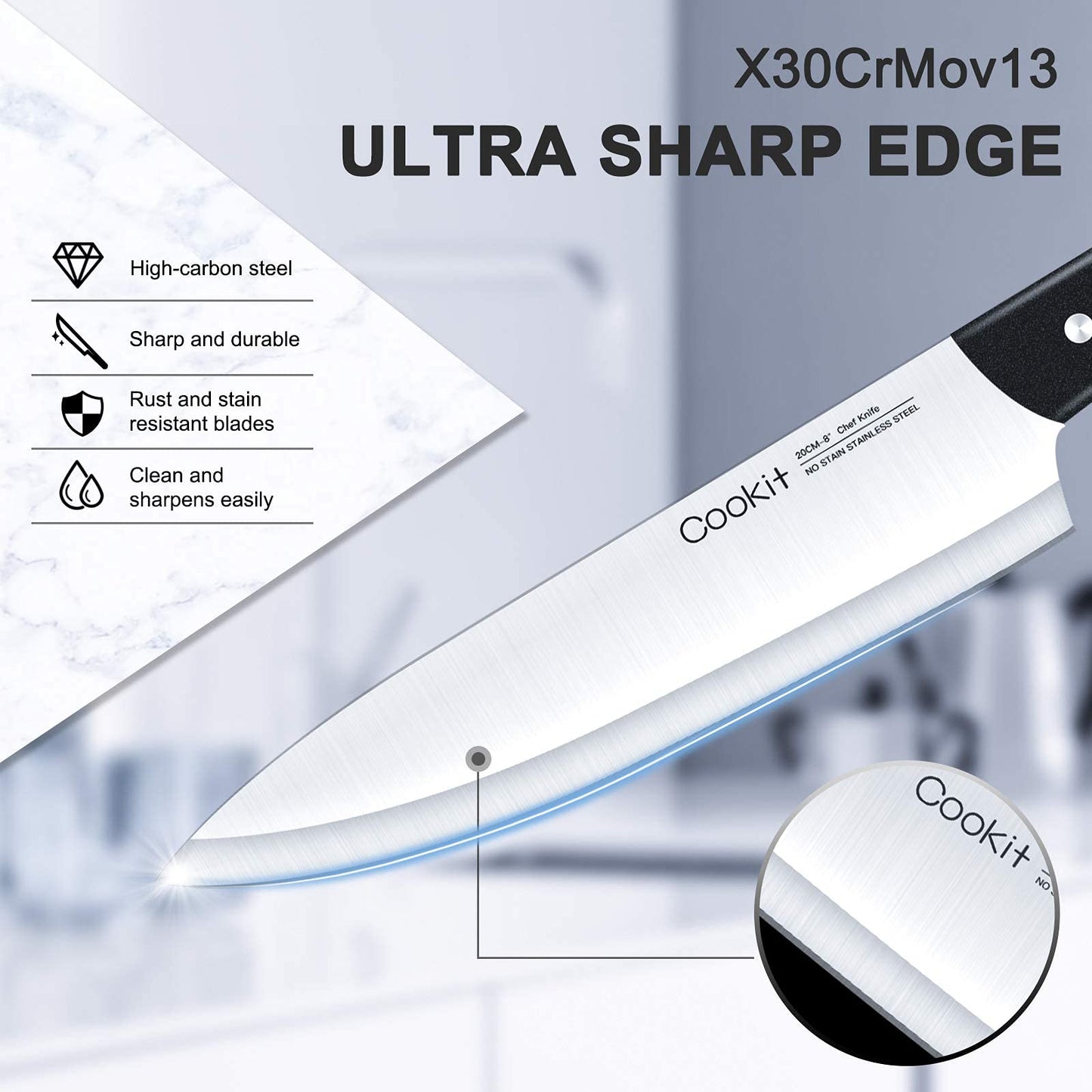 Knife Set with Block, Cookit 15 Pieces Kitchen Knife Set with Pine Block Holder, Knife Block Set with Sharpener, High Stainless Steel Knives with Comfortable-Grip ABS Handles