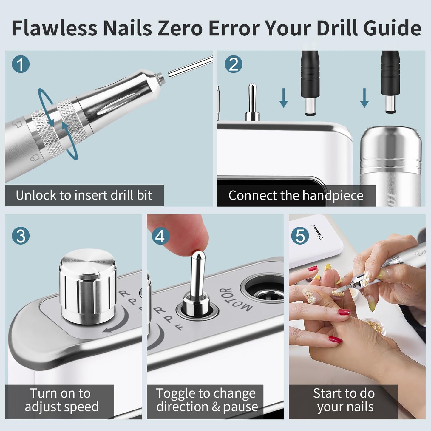 Enniewi Electric Nail Drill File, Professional Portable Nails Drills Kit with Rechargeable Base 7 uñas Bits, Cordless Efile for Poly Gel Acrylic Nails Remover Home Salon Pedicure Manicure Tool, White