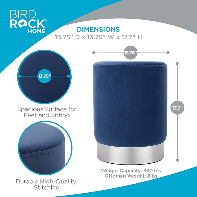 BIRDROCK HOME Round Ottoman Foot Stool – Soft Padded Modern Stool Design – Ideal for Living Room, Bedroom – Compact Footrest, Vanity Chair, Small Furniture – Foam Seating, Decorative Accent (Blue)