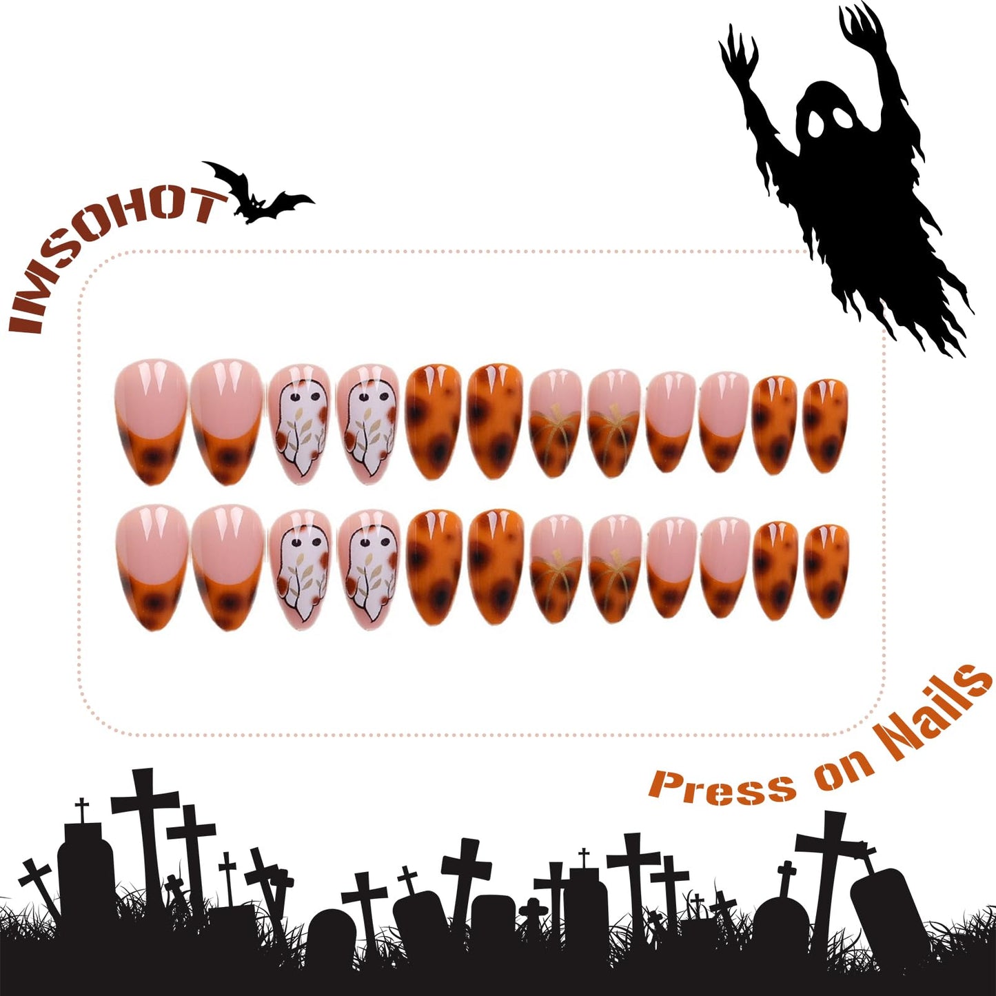 IMSOHOT Halloween Press on Nails - Medium Almond Handmade Fake Nails, Brown Amber Pumpkin French Nail Tips, Cute Ghost Designs, Full Cover Acrylic Glossy Fall False Nails 24Pcs