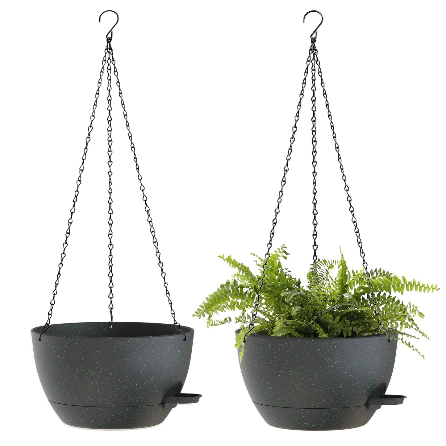 SQKH 10 Inch Hanging Baskets 2 PC with Chains, Self-Watering Hanging Planters for Indoor Outdoor Plants, Plastic Hanging Flower Pots,Black with Green Speckles