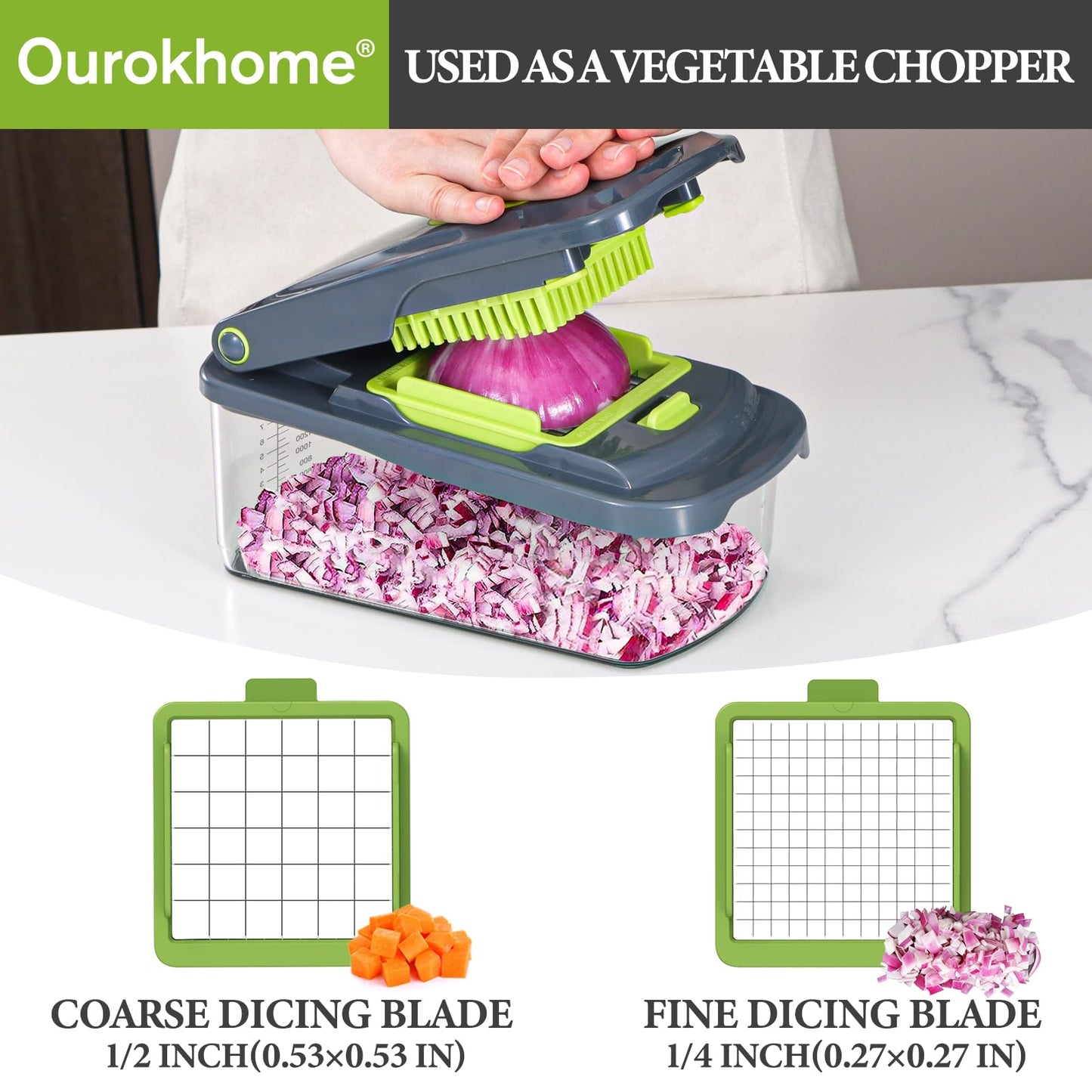 Ourokhome Food Chopper Manual Hand with Container, Mandolin Vegetable Slicer Onion Dicer with 8 Blades, Veggie Shredder for Potato, Tomato, Essential Kitchen Gadgets (8 in 1, Gray)