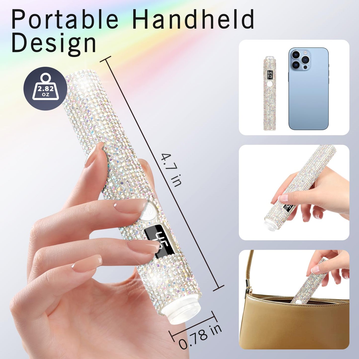 peccera Handheld UV Light for Gel Nails, Glitter Mini UV Light, Cordless Portable Nail Lamp for Fast Curing, Rechargeable LED Lamp for Rhinestone Glue Nail DIY Decoration - AB Diamond