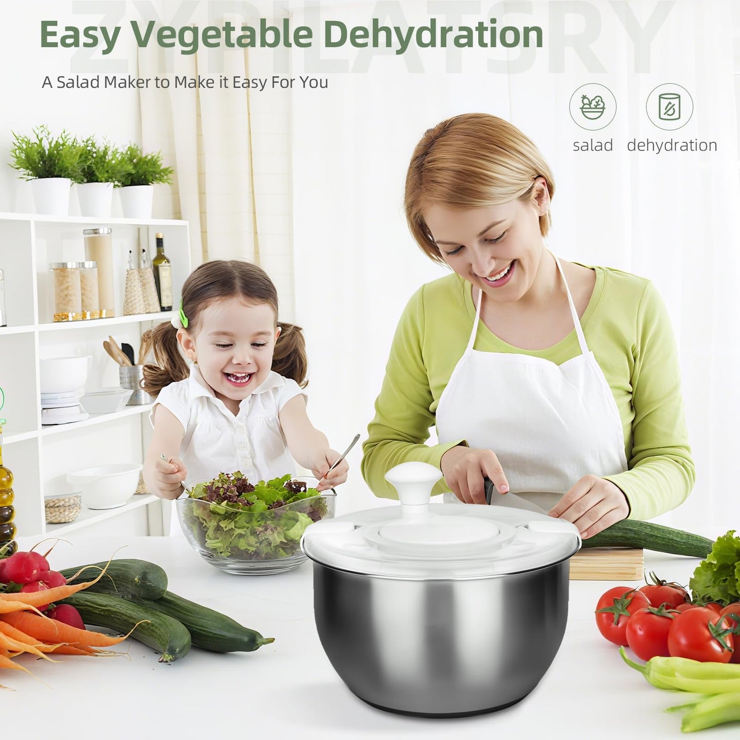Zypilatsry 6L-Stainless Steel Salad Rotator, Vegetable Dishwasher,Lettuce Cleaner and Dryer, Kitchen Strainers.