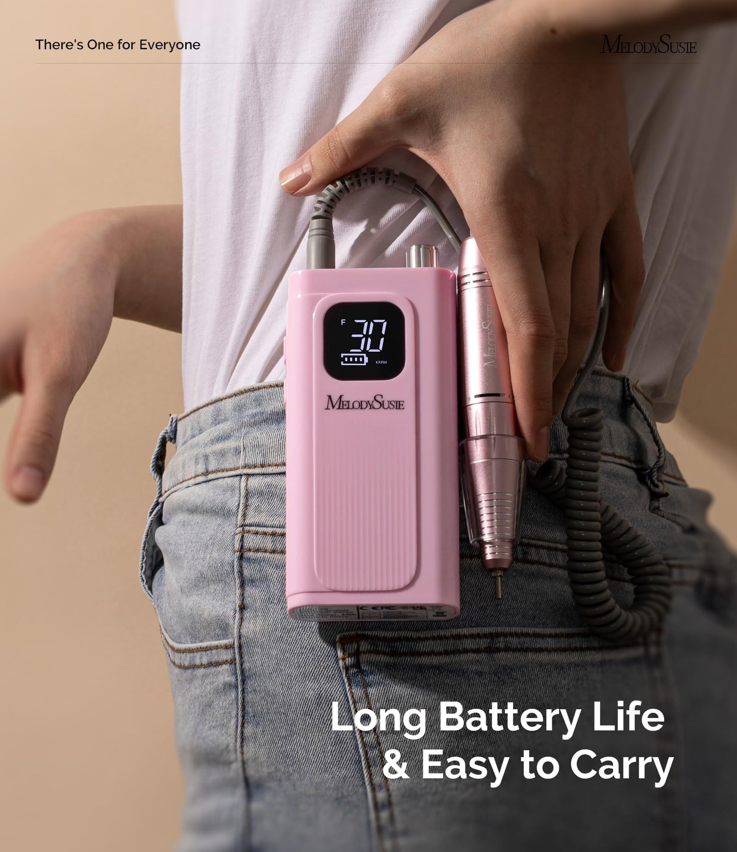 MelodySusie Entry-Level Clip-On Rechargeable Essential Nail Drill, SC300F 30000RPM E-File with LCD Display for All Manicure Shaping & Gel Removal, Ideal for Training,Nail Art Practice & Home Use, Pink