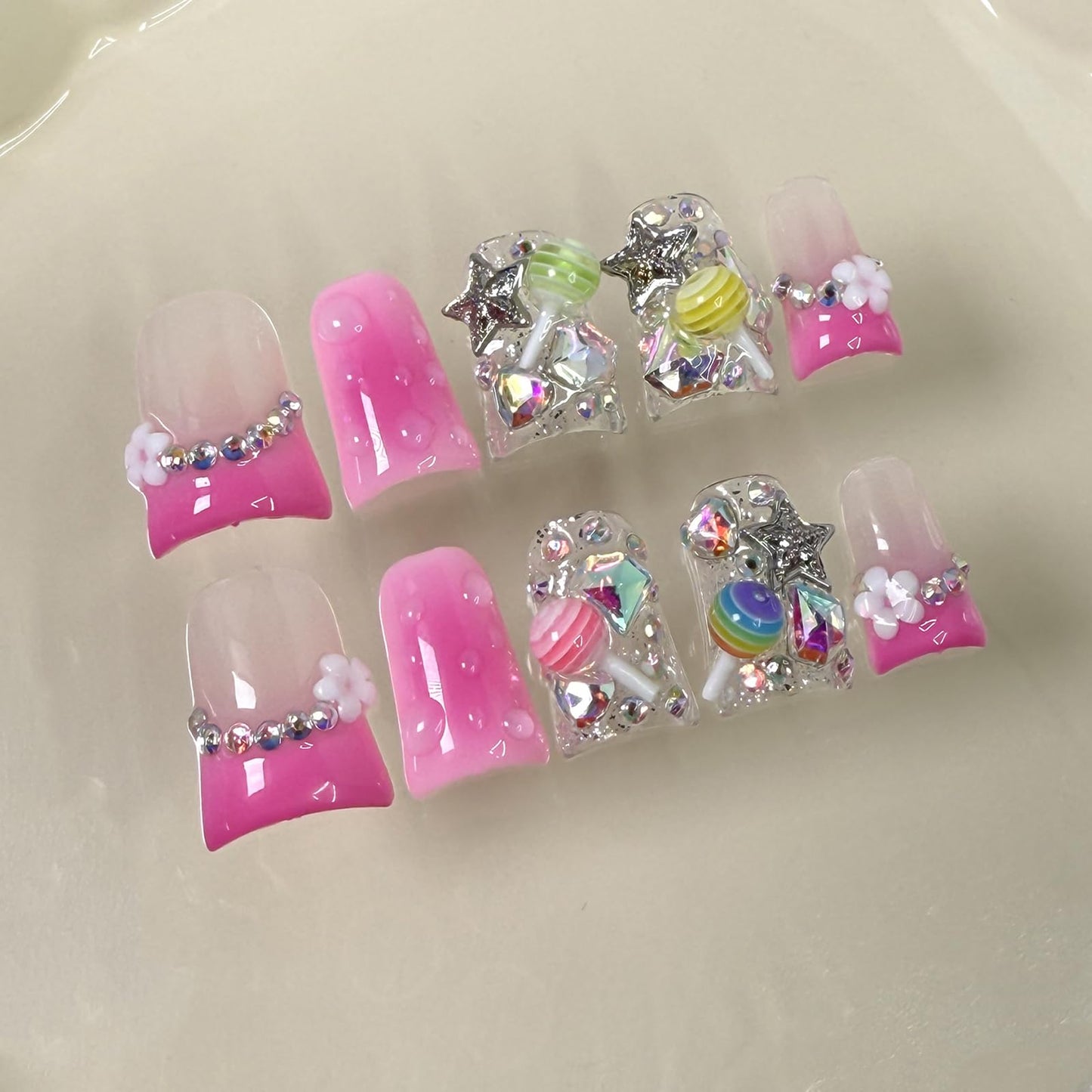 French Tip Press on Nails Handmade Short Duck 3D Thick Acrylic Nails Cute False Nails with Lollipop Stars Flower Designs Pink Glossy Fake Nail Sturdy Art Press on Nail 10Pcs(S)