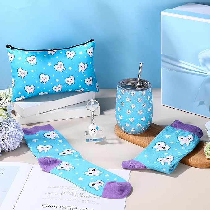 Sliner 4 Pcs Dental Assistant Gifts Set 12 oz Blue Teeth Stainless Steel Tumbler Cosmetic Bag Tooth Shape Keychain Novelty Tooth Sock Dental Hygienist Gifts for Nurse Dentist Christmas Graduation