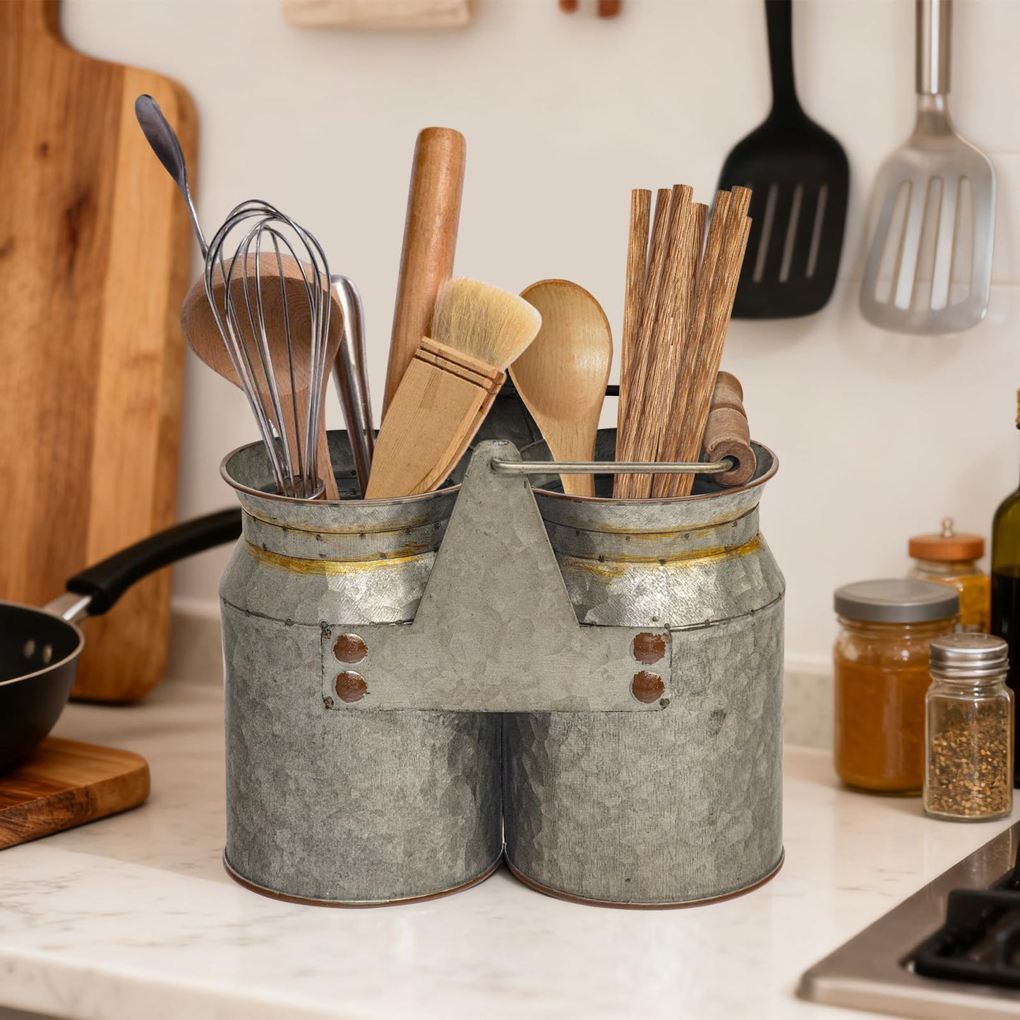 UPPER DECOR Set of 2 Rustic Galvanized Utensil Holders with Handles, Farmhouse Kitchen Crocks for Spoons, Forks & Knives, Countertop Organizer Buckets for Rustic Farmhouse Decor, 8"x4"x6.75"