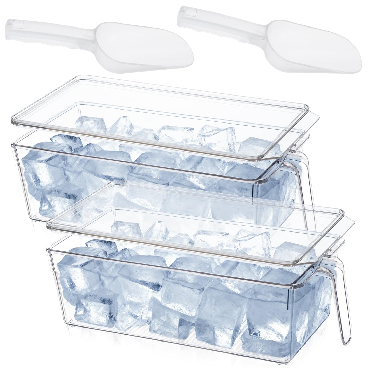 2 Set Ice Storage Bins for Freezer with Lid and Flexible Scoop, Transparent Plastic Ice Container with Pull-Out Handle Kitchen Food Storage Organizer for Home Office Fridge Kitchen