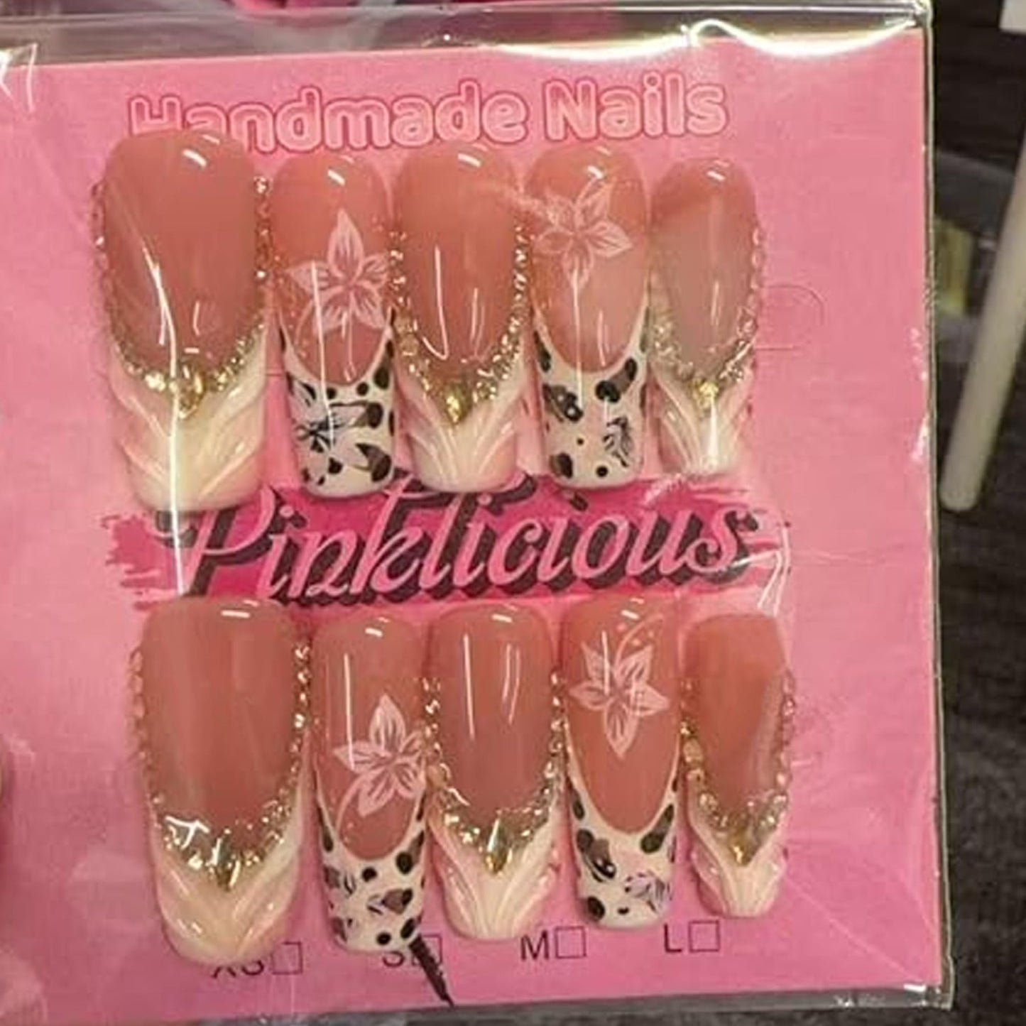 Pinklicious Handmade Pink French Tip Press On Nails, Long Reusable False Nails with Glitter Accent, Floral & Leopard Print Decorative Fake Nails for Women (L)