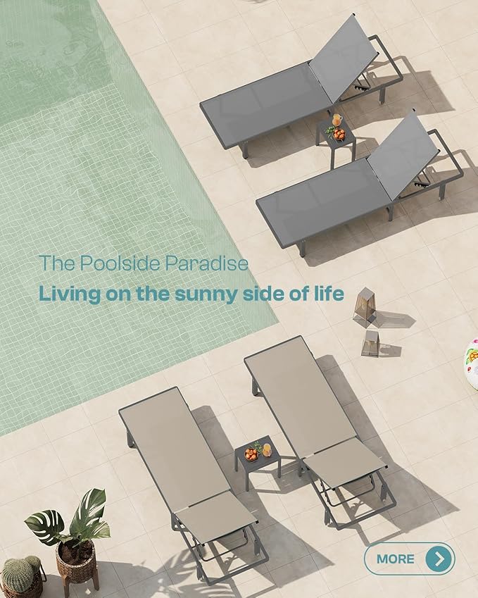 Pool Lounge Chairs Set of 2，Outdoor Lounge Chairs with Wheels and 5-Position Recliner -Easy to Move- Aluminum Patio Lounge Chair for Poolside, Deck (Khaki)