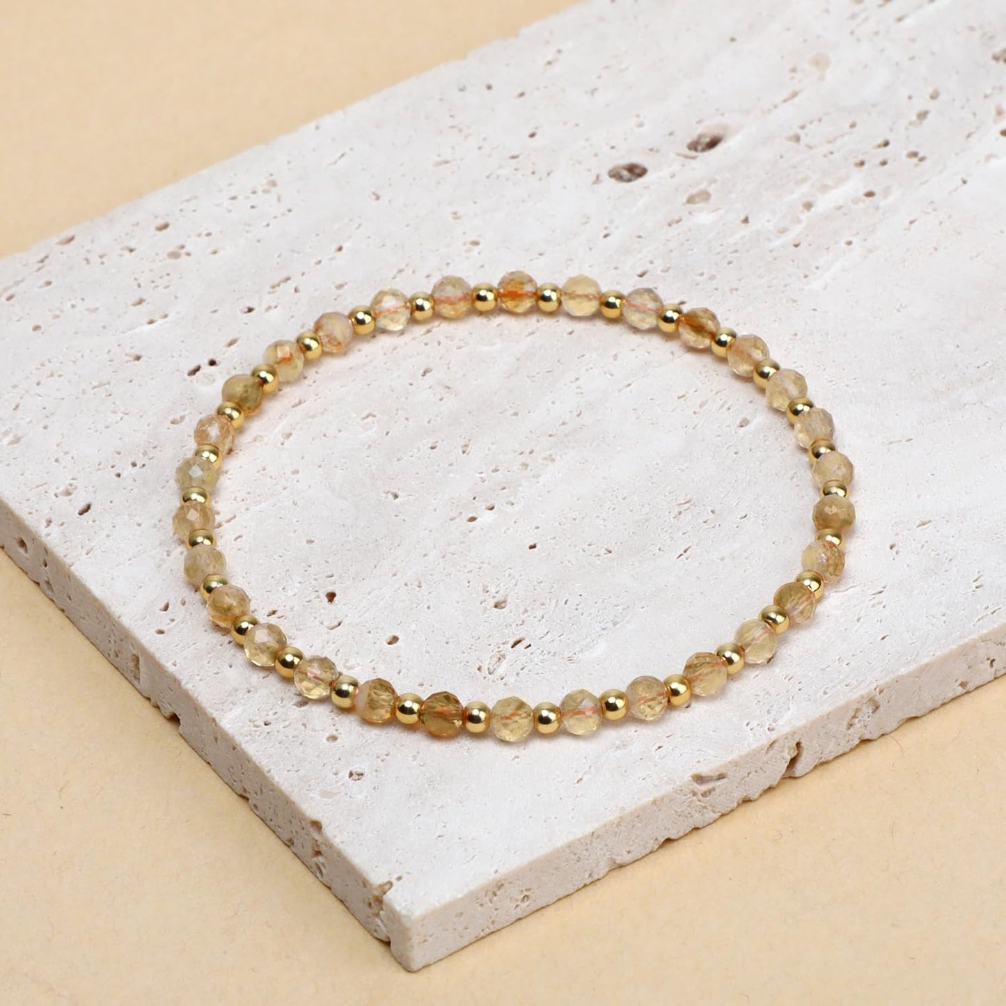 QOGIR Citrine - Stone of Wealth - 14K Gold Plated Beads Natural Gemstone Stretch Elastic Dainty Healing Beaded Bracelets Gifts 4mm