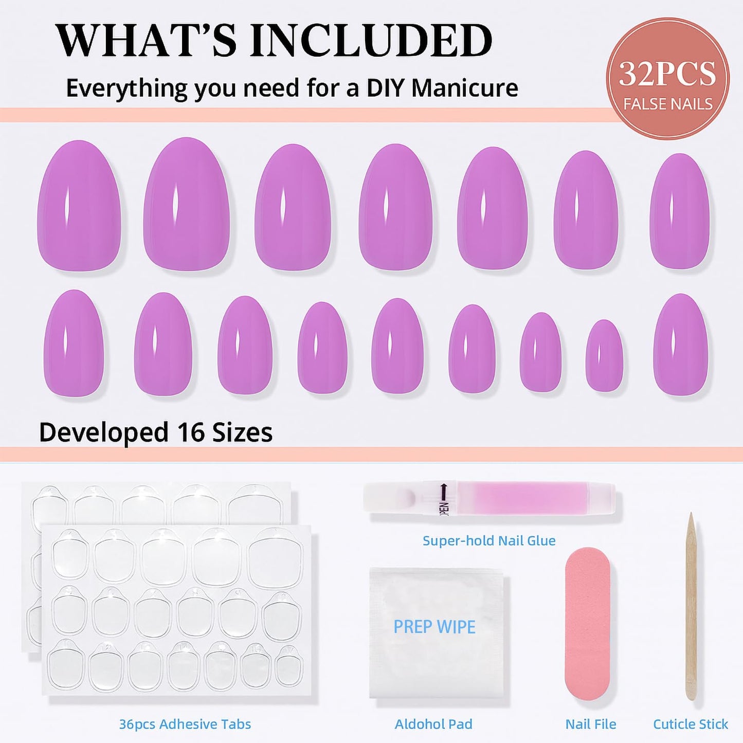 Sifvoo Purple Press On Nails Short Almond, Glossy Reusable Press On Nails for Women, 32 Count 16 Sizes Nail Kit with Glue (SV-13)