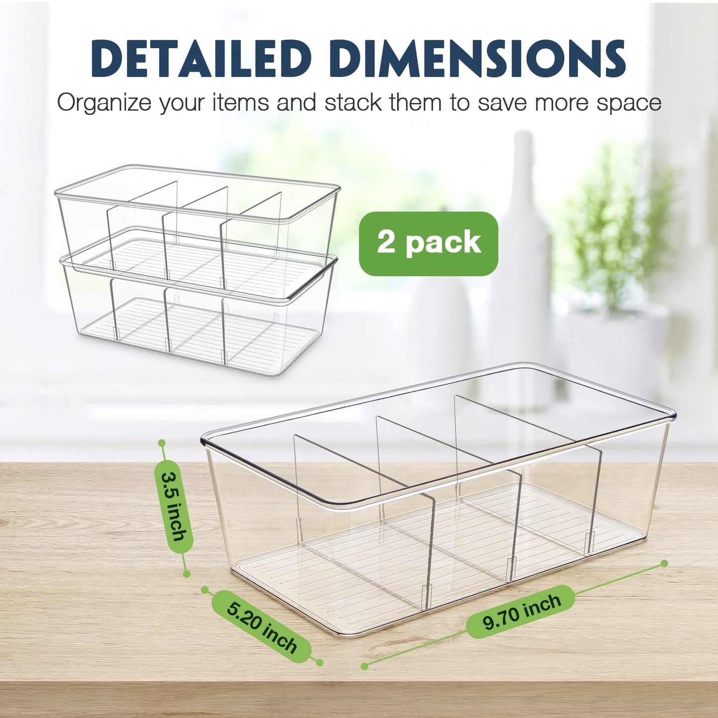 Batoto Pantry Organization and Storage Bins, Refrigerator Organizer Bins – Clear, Kitchen Organization and Storage with Dividers (2 Pack)