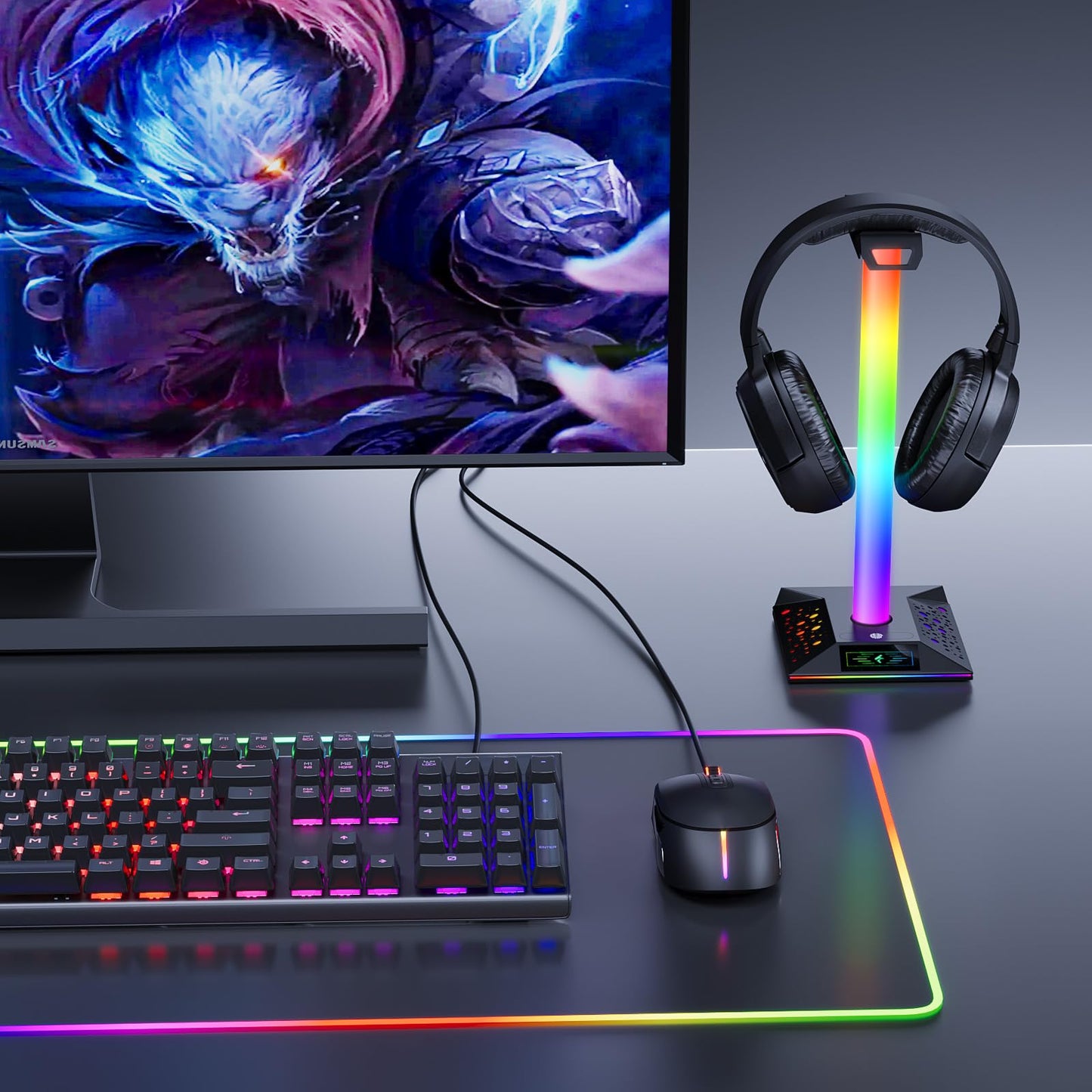 Xergur Gaming Headphone Stand PC Accessories - RGB Headset Stand with 2 USB Charger, Cool LED Headphone Holder PC Gaming Accessories for Boys Men Gamers, Computer Game Hardware for Desk