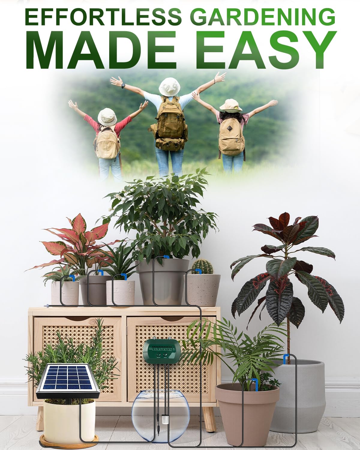 Breeze Touch Solar Drip Irrigation Kit 50FT, Automatic Garden Watering System with Timer, Draws Water from Container, Supports 15 Pots for Balcony, Patio, Indoor & Outdoor Plants