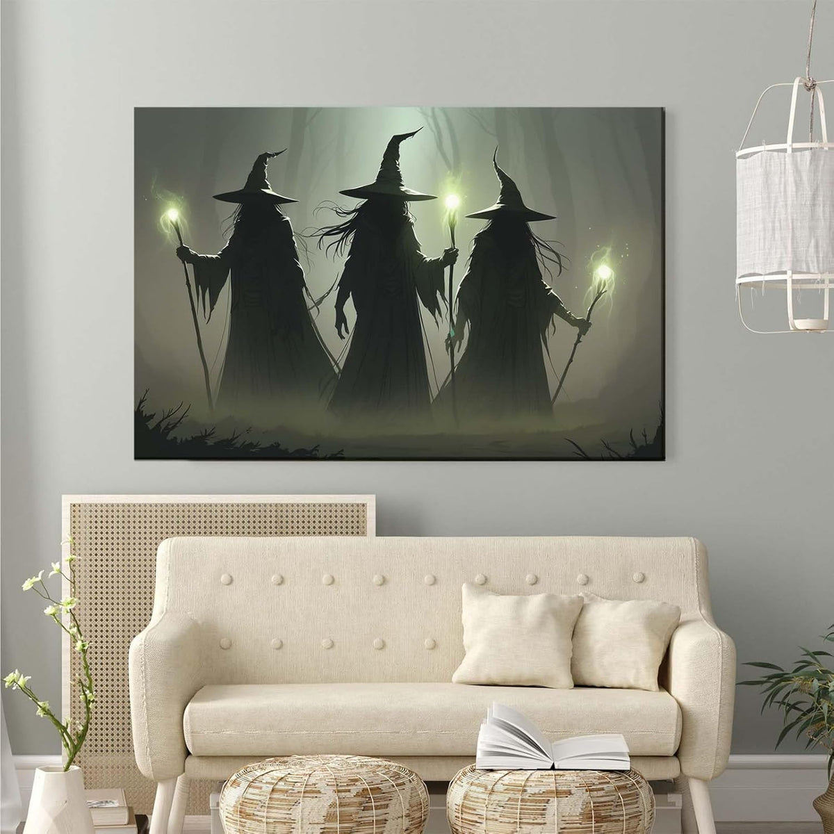 Vintage 3 witches canvas wall decor melancholy dark Halloween poster wall decor holding a staff print Gothic horror Halloween painting print for living room bedroom24x36in Wood Framed