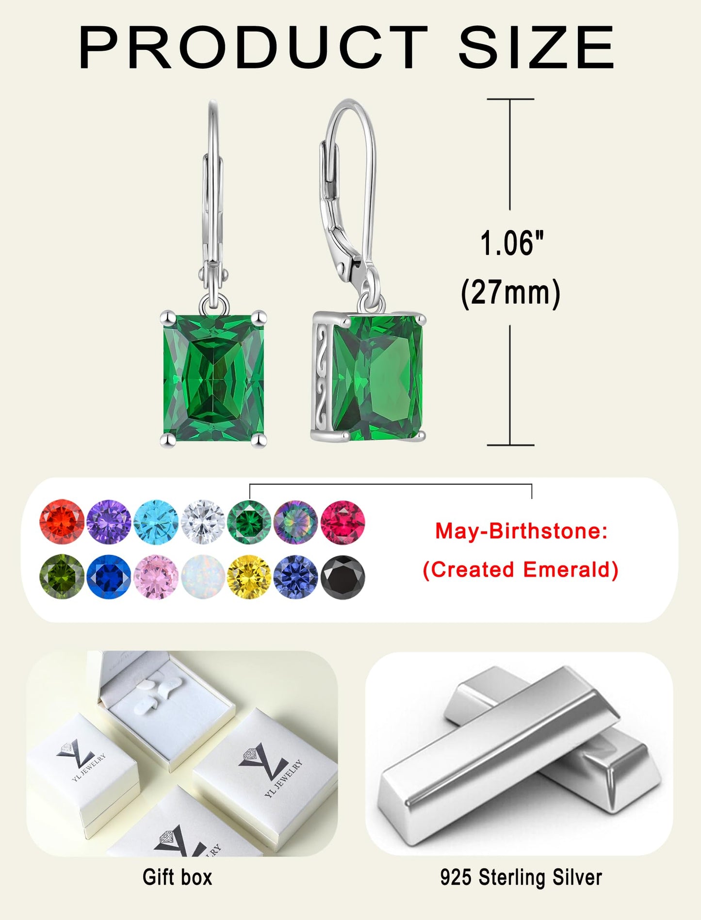 YL Solitaire Dangle Drop Earrings 925 Sterling Silver Leverback Earrings 8X10MM Square Created Emerald Jewelry