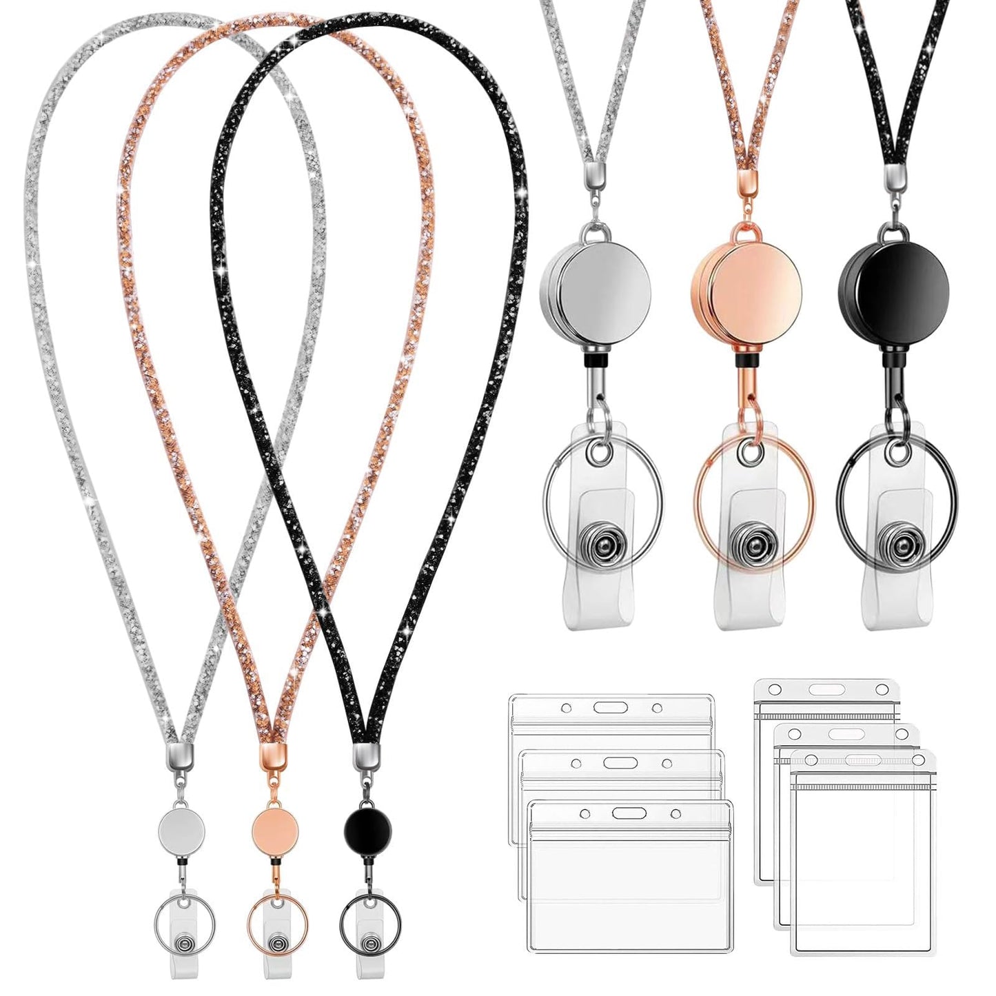 3 Pack Set Retractable ID Badge Holder with Bling Neck Strap Neck Lanyard for Teacher Office Worker