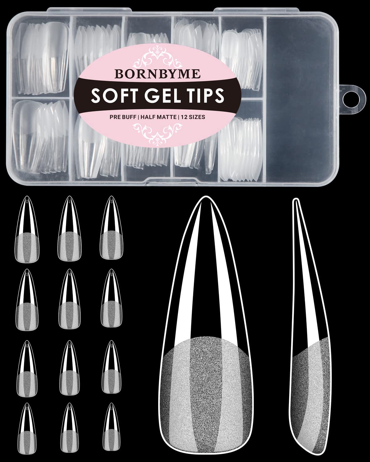 Soft Gel Nail Tips Long Stiletto, 120PCS Pre Buff Full Cover Nail Extenison Tips Half Matte Gel Nail Tips BORNBYME