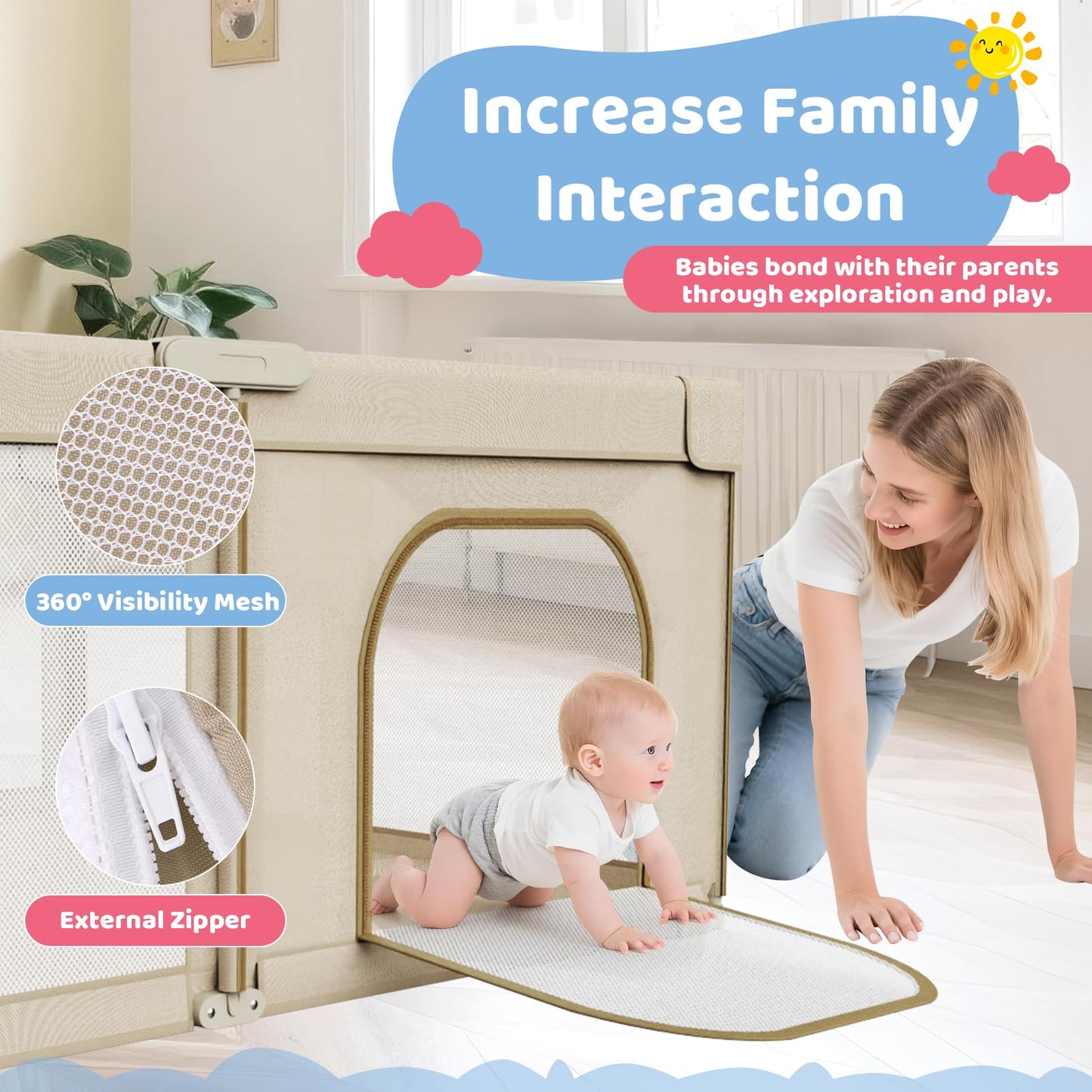 Foldable Baby Playpen: 71” x 59” Super Large Playpen for Babies and Toddlers - Portable Play Pen for Babies with Breathable Mesh & 2 Pulling Handle - Baby Play Yard for Outdoor & Indoor