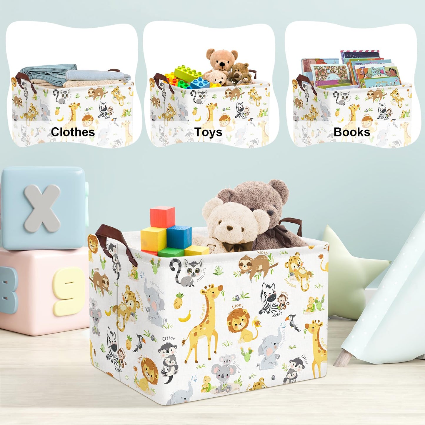 Clastyle Rectangular Baby Storage Basket Large Collapsible Kid Toy Bin Nursery Classroom Books Shelf Basket Shower Towel Gift Basket Giraffe Lion Elephant Pet Basket(Animal)