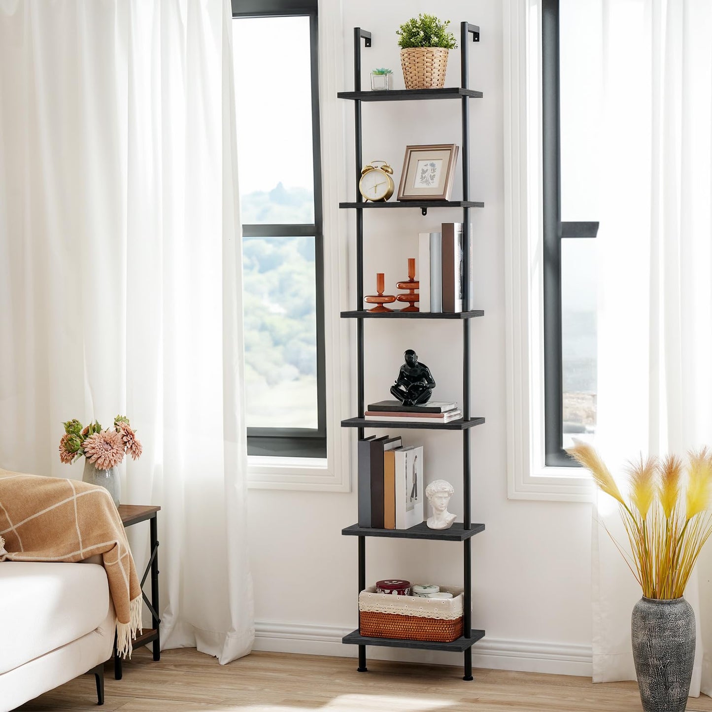 HOOBRO DIY Ladder Shelf, 6-Tier Wooden Wall Mounted Bookshelf, Narrow Bookcase, Display Shelf, Storage Rack, Plant Stand, for Living Room, Bedroom, Study, Balcony, Black BB651CJ01