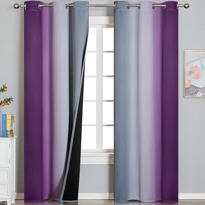 Purple and Grey Blackout Curtains 84 Inches Long,Ombre and Wavy Line Pattern 100% Blackout Curtains for Bedroom,Full Light Blocking Grommet Thermal Insulated Drapes for Kids Room, 42x84 Inch, 2 Panels