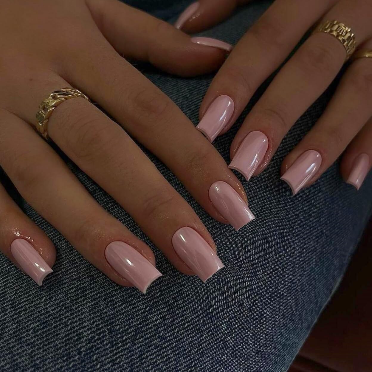 Bright Pink Press On Nails Short Medium - KQueenest Chrome Press On Nails Square, Sparkle Acrylic Fake Nails Press on Mirror Shine, Glazed Glue on Nails Short, Natural Stick On Nails for Women 24 Pcs