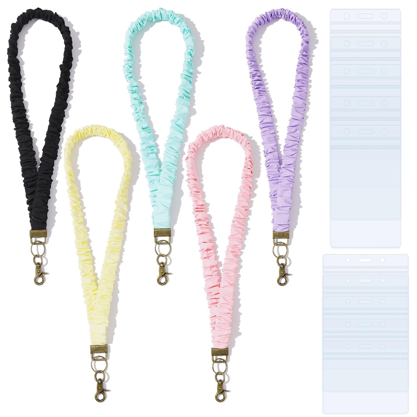 Coiris 5 Pairs Teacher Scrunchie Lanyard with Id Holder Mood Weekly Styles for Id Badges Cute Keys Stretchy Retractable Neck Colorful Breakaway Lanyard for School