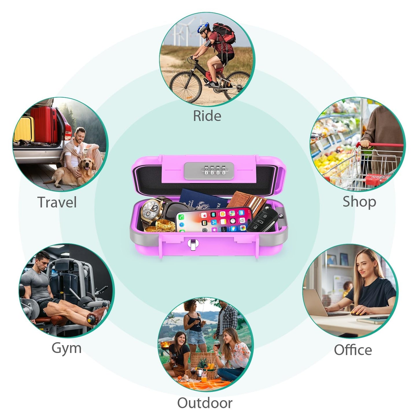 ORIA Portable Security Case, 4 Digit Combination Key Lock Box Security Case, Portable Safe Box Storage Smartphones, Passports, Credit Cards for Beach, Travel, Pink Purple